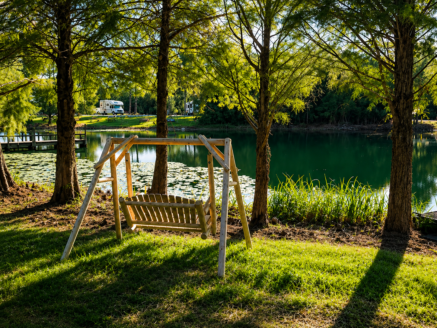 Wooden swing overlooking a pond at Benton KOA in Benton Illinois